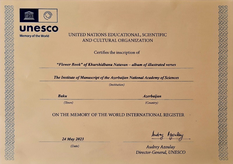 Əlyazmalar İnstitutuna “Gül dəftəri”nin UNESCO-nun Dünya Yad...