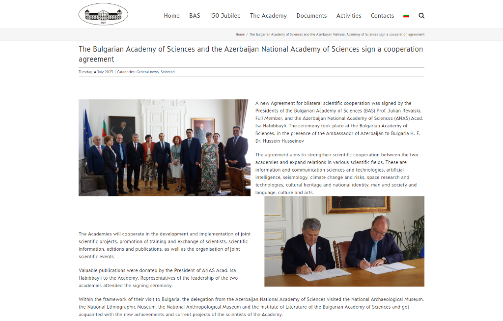 Bolqarıstan Elmlər Akademiyasının saytında AMEA ilə imzalanm...