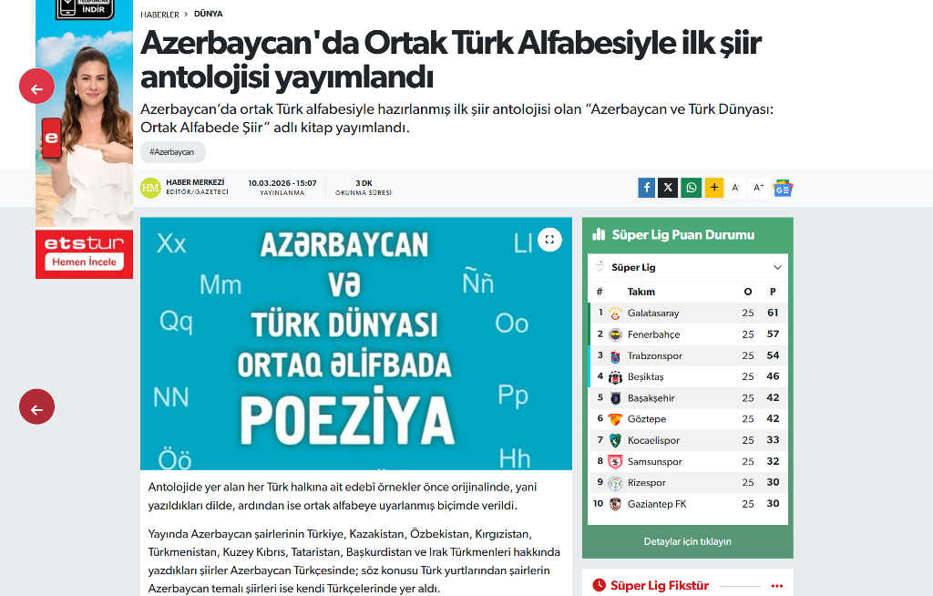 Ortaq türk əlifbasında ilk poeziya antologiyası qardaş Türkiyə mediasında
